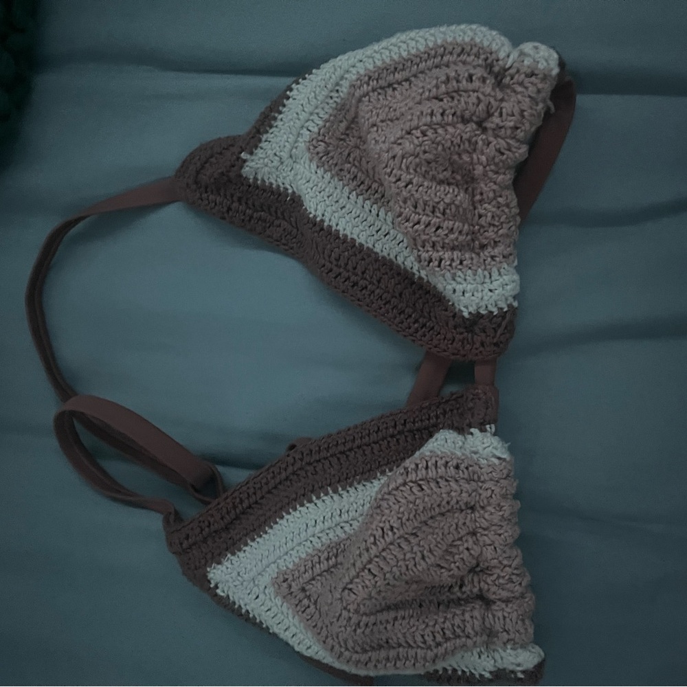 crochet brown bikini top with similar colors